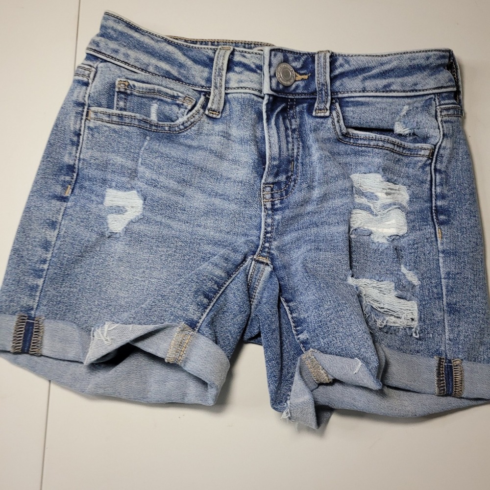 SO Goods For Life Low Rise Midi Shorts Distressed Denim Blue Size 0 24W